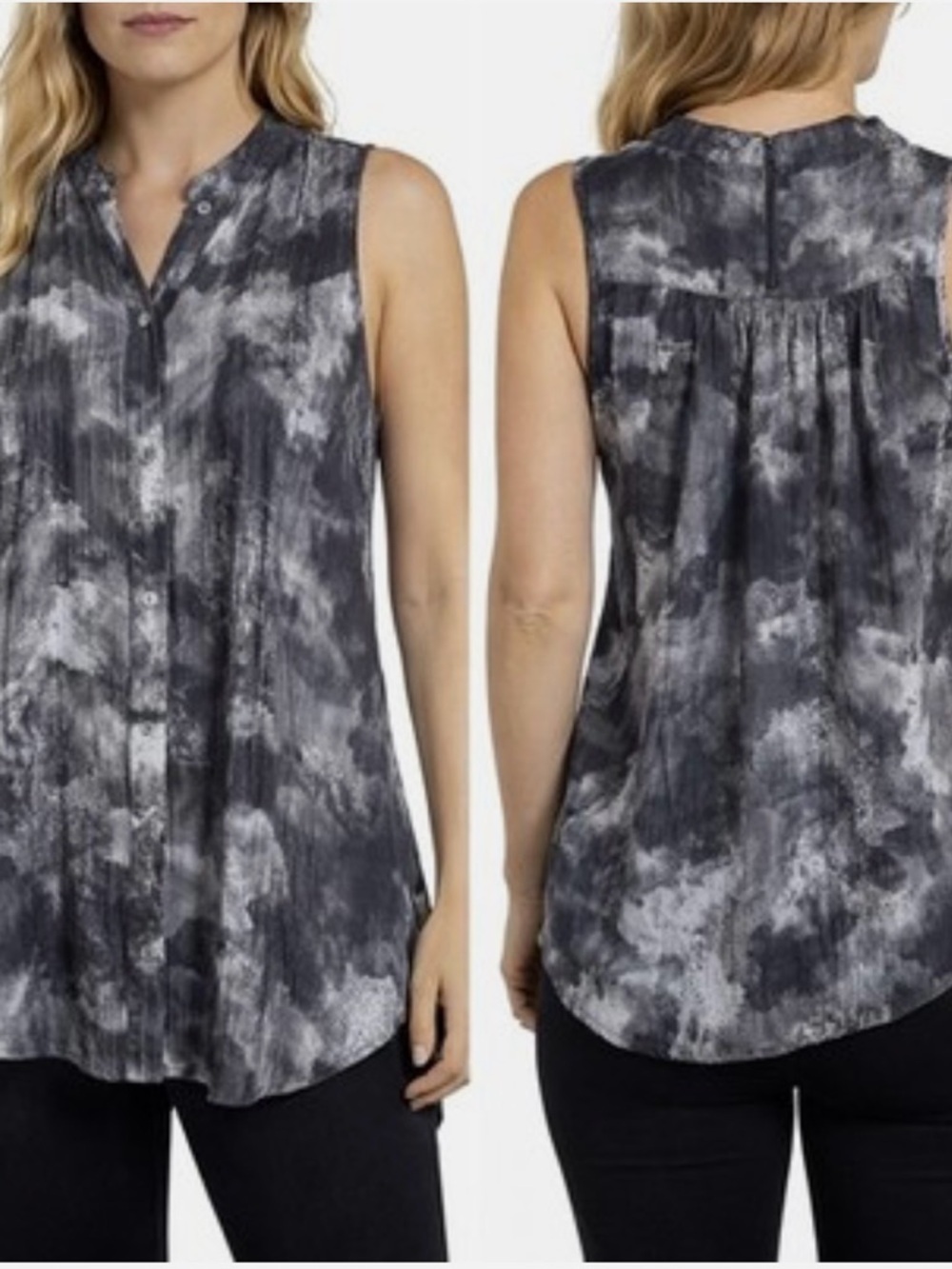 Eileen Fisher 100% Silk Ink Blot Print Tunic Top Sz XS Mandarin Collar Runs Big